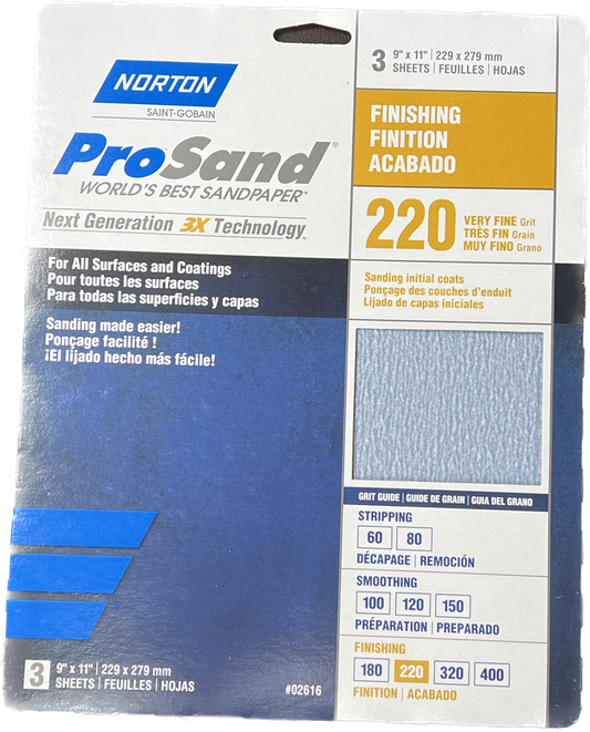 Norton ProSand  220 Grit Sandpaper  9" x 11" Sheet 3Pk