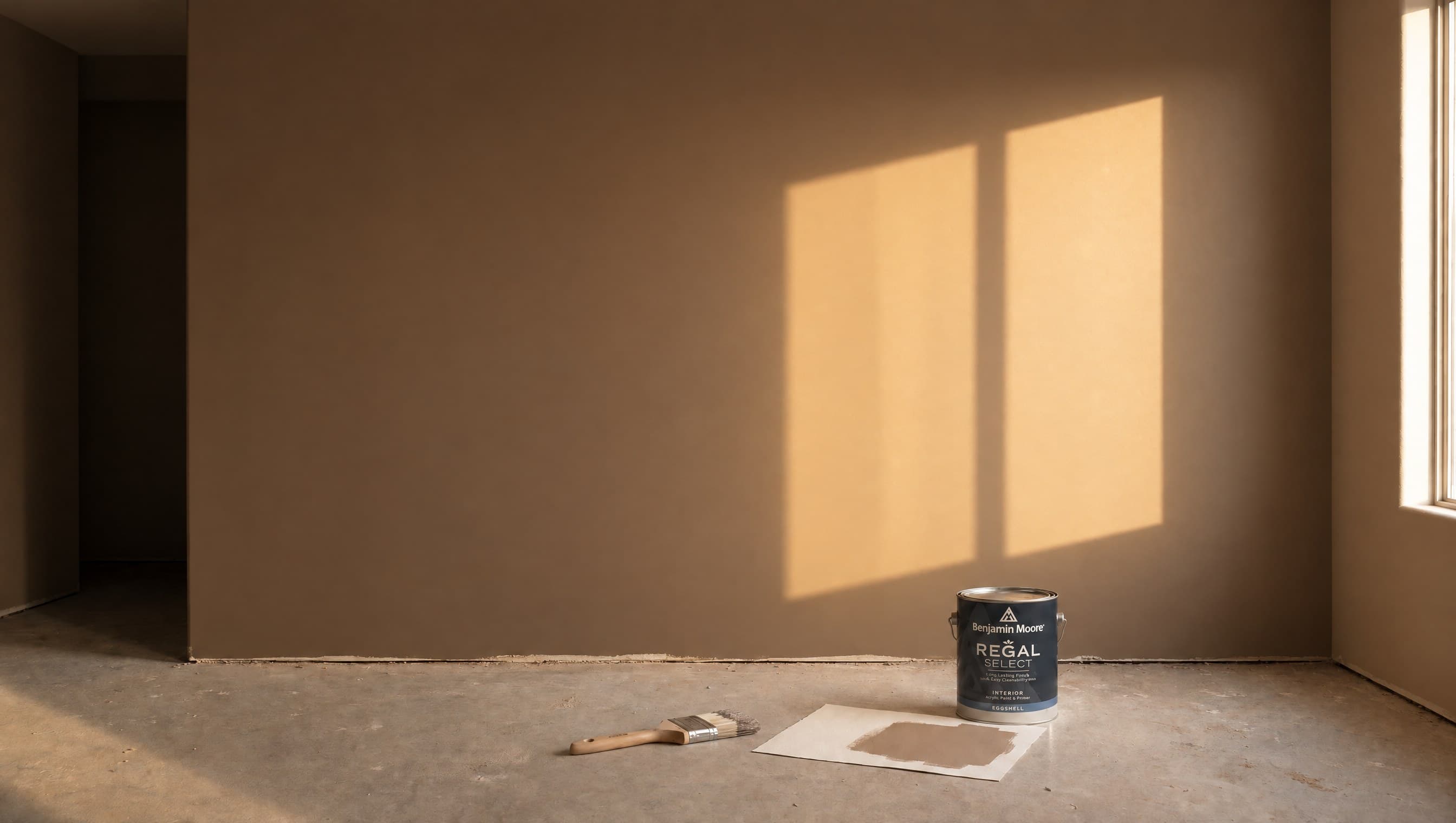 Late-afternoon light across a freshly painted wall, a gallon of Benjamin Moore Regal Select and a brushed-out sample on the floor