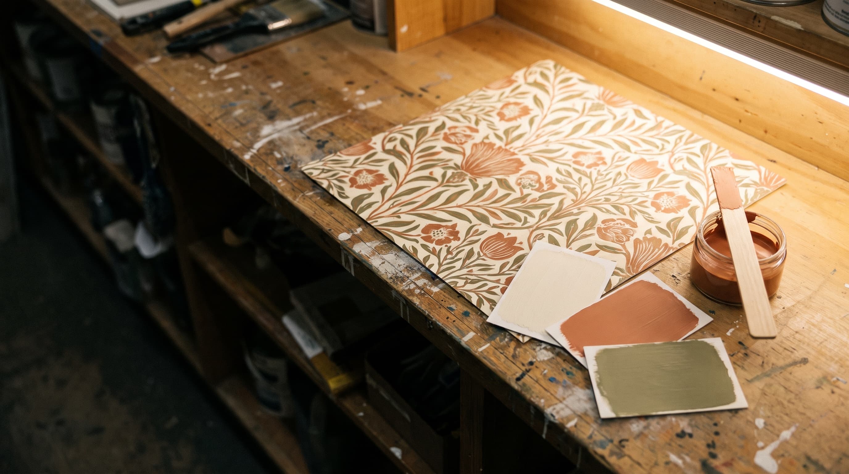 Paint sample cards laid beside a patterned wallpaper sample on a worn workbench