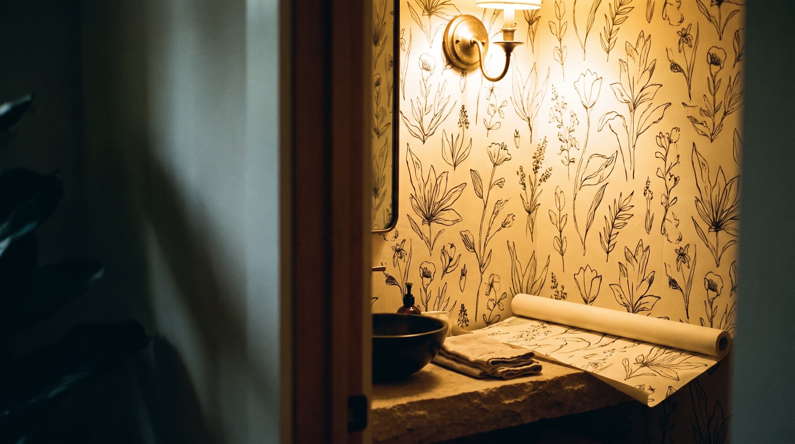 A powder room papered in a botanical print, lit by a brass sconce