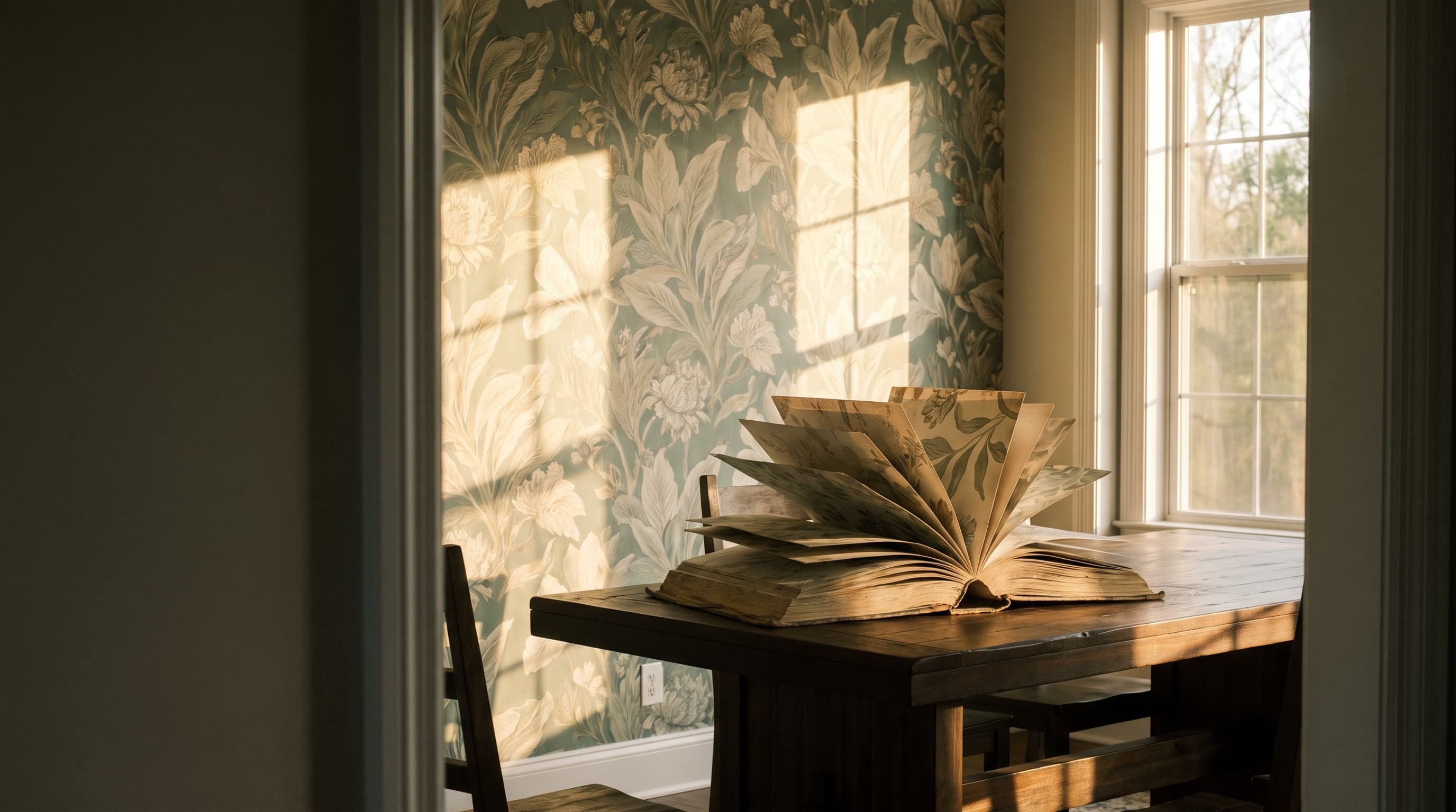 An open sample book on a wooden table beside a sunlit window