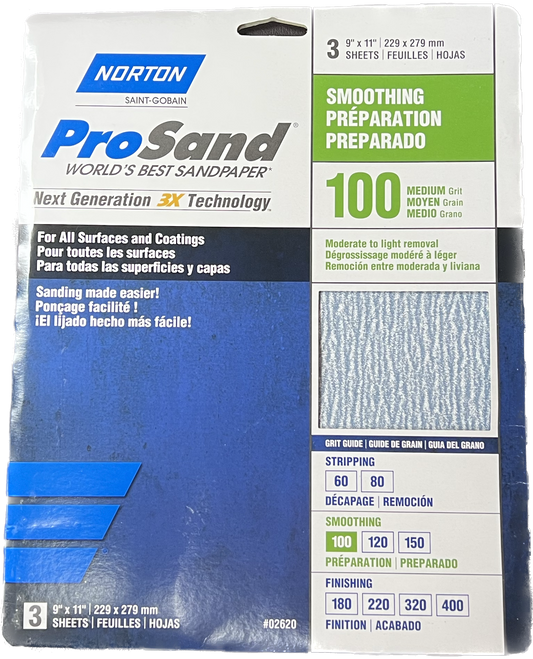 Norton ProSand 100 Grit Sandpaper 9" x 11" Sheet 3Pk