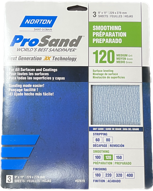 Norton ProSand 120 Grit Sandpaper  9" x 11" Sheet 3Pk