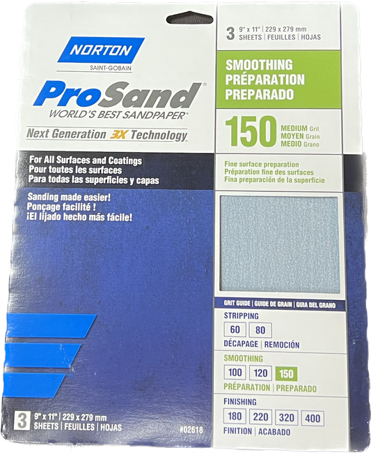 Norton ProSand 150 Grit Sandpaper 9" x 11" Sheet 3Pk