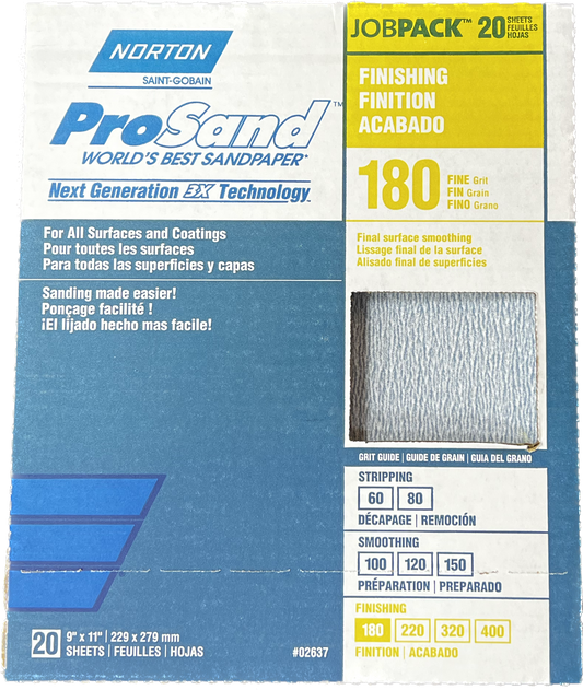 Norton ProSand  180 Grit Sandpaper 9" X 11" Sheets -20 Count
