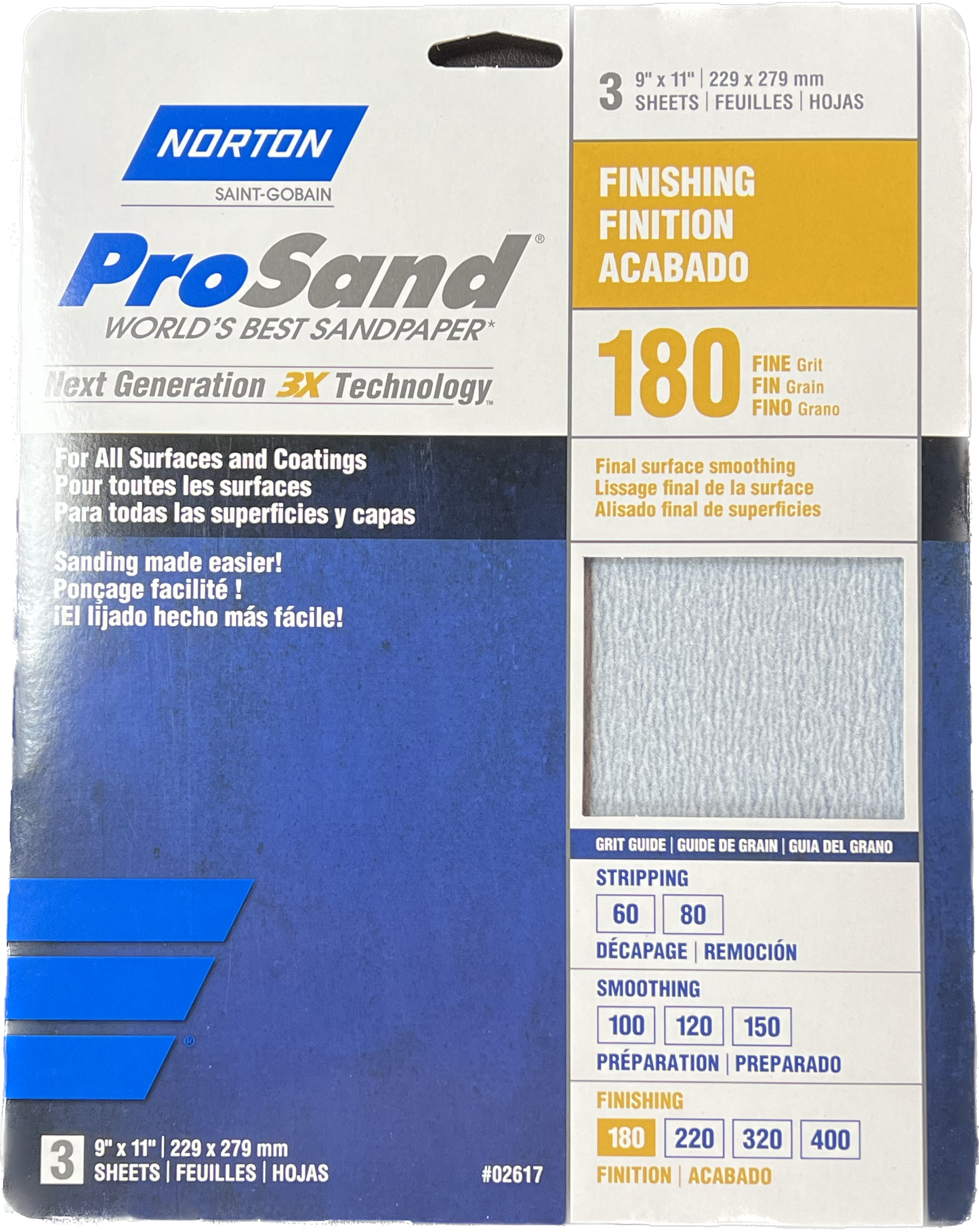 Norton ProSand 180 Grit Sandpaper  9" x 11" Sheet 3Pk