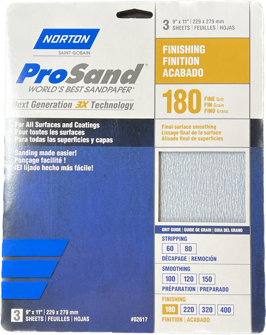 Norton ProSand 180 Grit Sandpaper  9" x 11" Sheet 3Pk