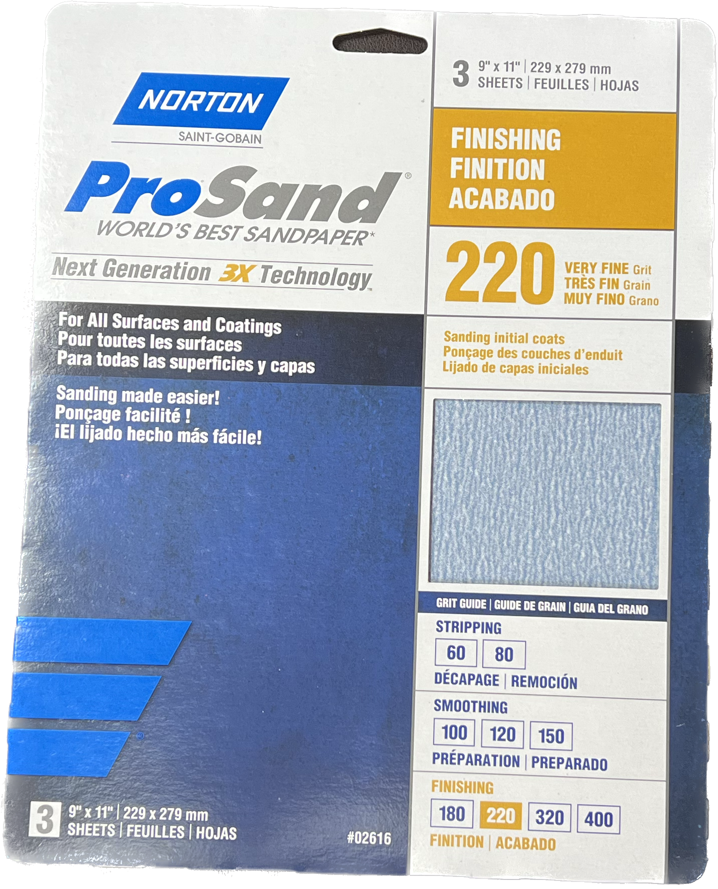Norton ProSand  220 Grit Sandpaper  9" x 11" Sheet 3Pk