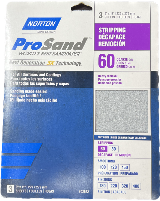 Norton ProSand 60 Grit Sandpaper - 9" x 11" Sheets - 3 pack