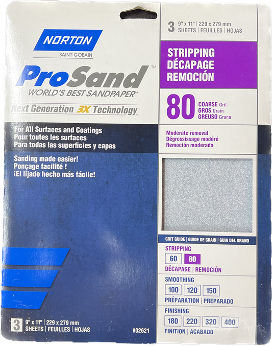 Norton ProSand 80 Grit Sandpaper   9" x 11" Sheet 3Pk