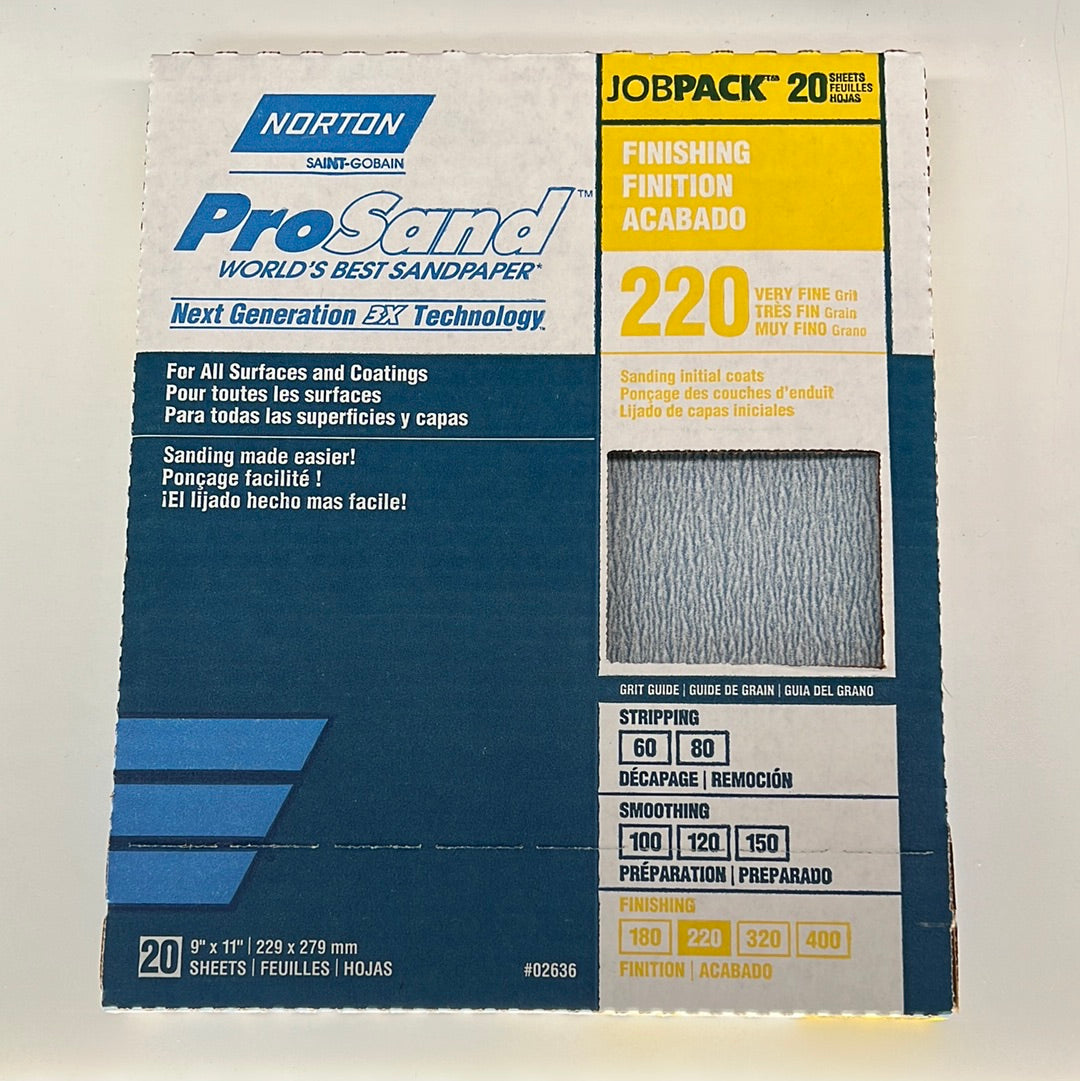 Norton ProSand 220 Grit Sandpaper 9" X 11" Sheets - 20 Count